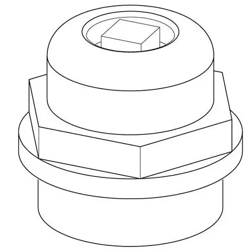 Uponor Entlüfter mit einem quadratischen Innenprofil und hexagonaler Basis, geeignet für G 1/2 Anschlüsse. Voluminöse, runde Form mit flacher Unterseite.